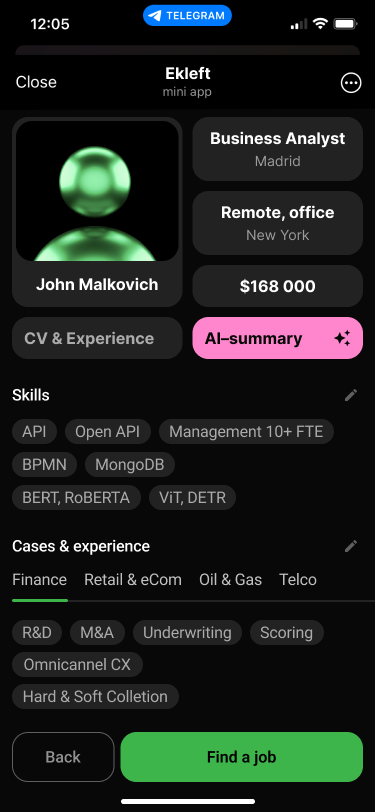 Ekleft candidate bot mini app profile